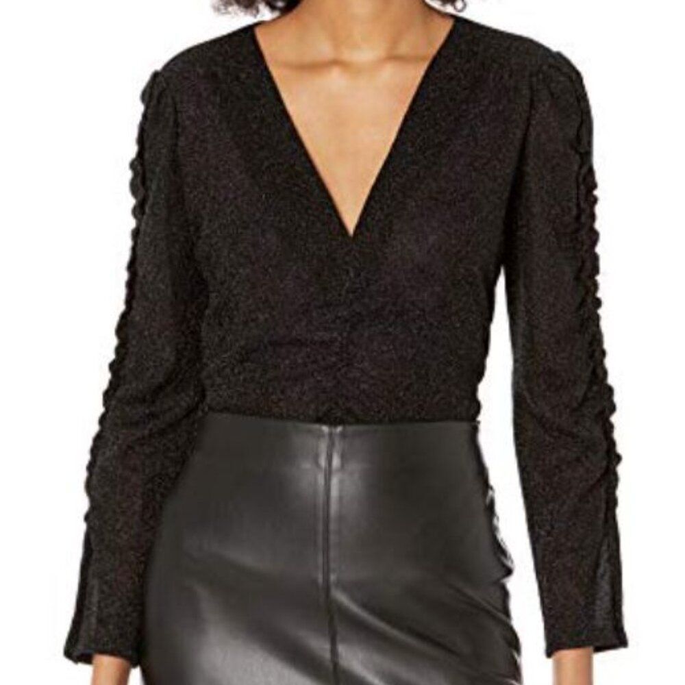 Rebecca Taylor Lurex Jersey Ruched V-Neck Top Black Metallic Glitter Sz M
